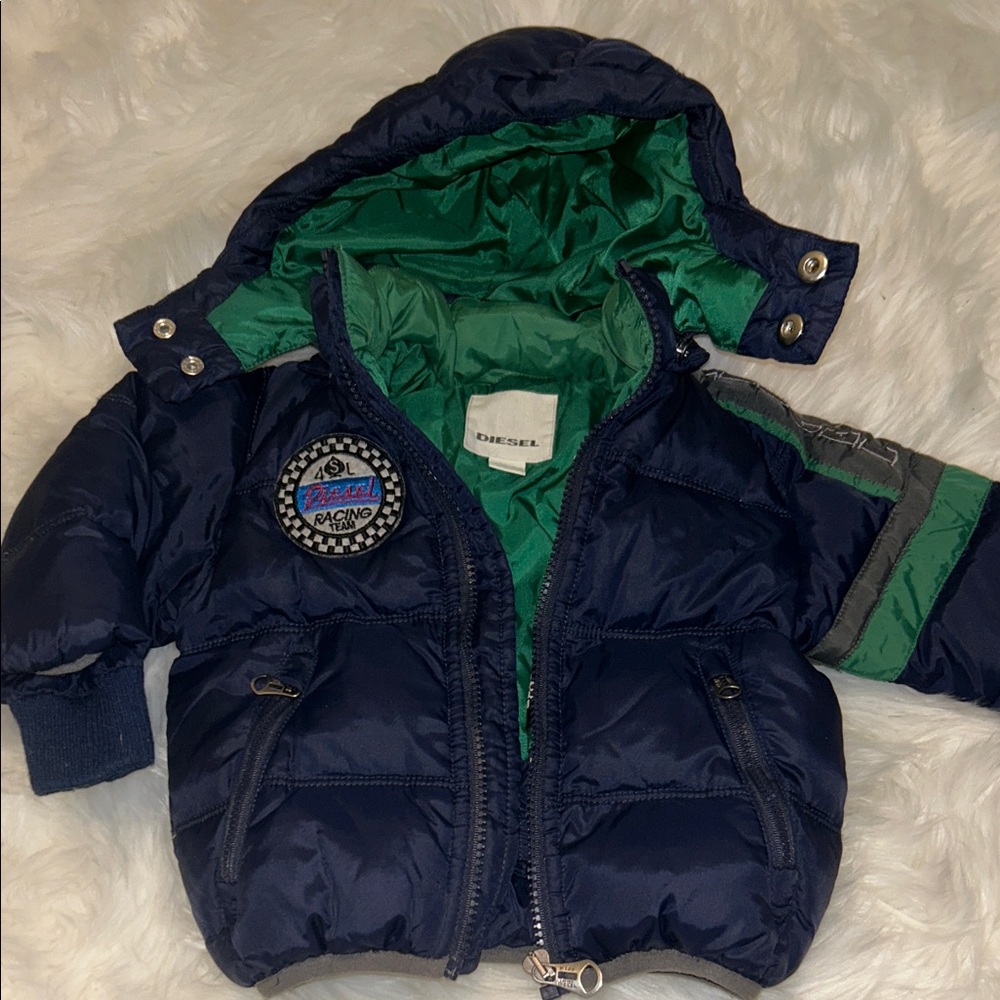 Diesel Baby Boys Navy and Green Puffer Jacket Sz 12 months